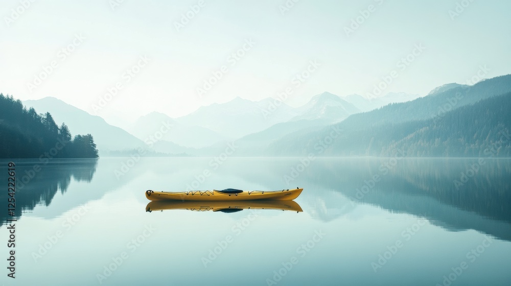 Fototapete Lone kayak quietly floats on a calm mountain lake surrounded by tranquil reflections and soft morning light. Generative AI