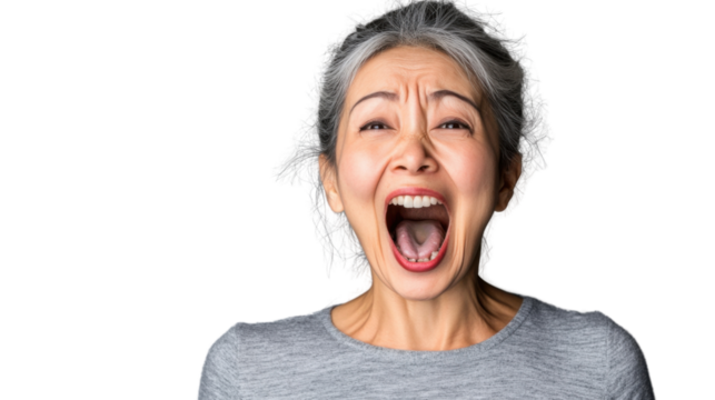 Angry senior woman shouting with transparent background