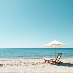 Relaxing day on the beach with a lounge chair and umbrella under clear blue sky and gentle ocean waves. Generative AI