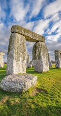 Stonehenge, England Ancient stones under a bright sky.  Background Grassy field. Use Travel/History