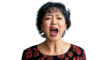 Senior woman screaming with a transparent background