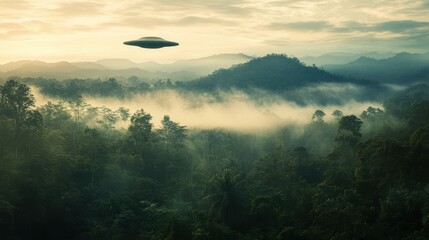 Mysterious UFO hovers over a dense forest in the early morning