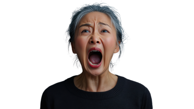 Angry senior woman shouting with transparent background