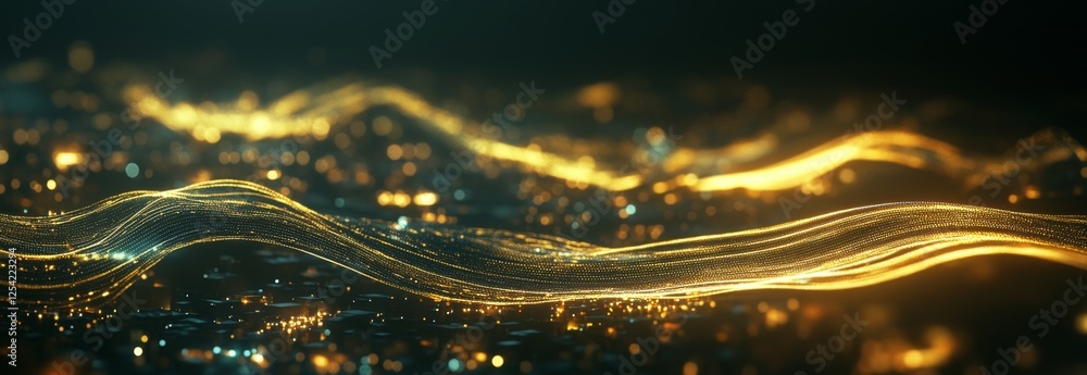 Poster golden light waves flow over dark city, background blur, tech use