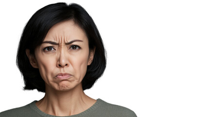 Skeptical asian woman frowning and showing displeasure on transparent background