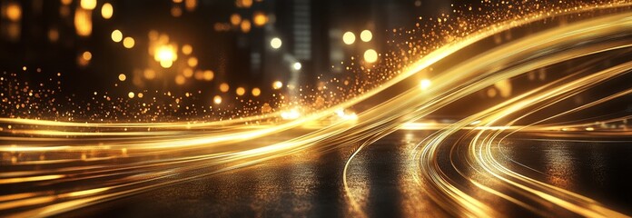 Golden light trails curve on dark city backdrop