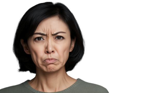 Skeptical asian woman frowning and showing displeasure on transparent background