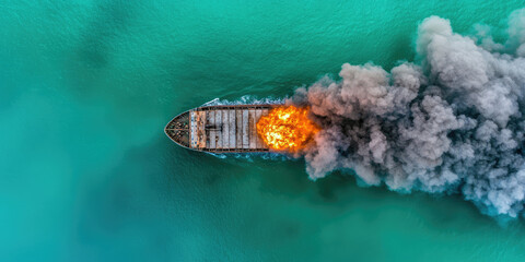 A ship sails through the sea and explodes. Cargo ship explosion, environmental disaster, flames and smoke, war.