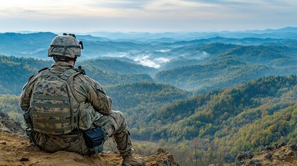 Soldier on mountaintop, scenic view, contemplation, military, nature, tranquility, possible use stock photo