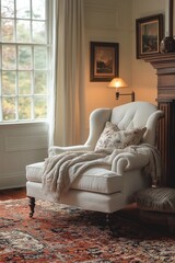Fototapeta premium Elegant Wingback Armchair by the Window with a Cozy Blanket in a Classic Interior - A Moment of Quiet Relaxation and Warmth by the Fireplace in a Stylish Home