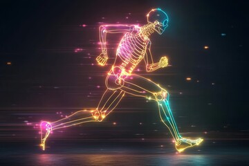 A dynamic illustration of a glowing neon skeleton in motion