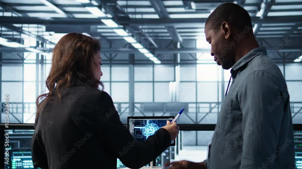 Poster manager meeting with client in data center using artificial intelligence tech, reaching deal. people