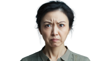 Skeptical asian woman frowning and showing disgust on transparent background