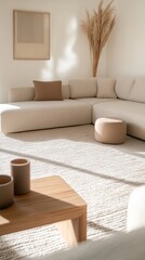 An elegant soft-toned minimalist living space with minimal decor