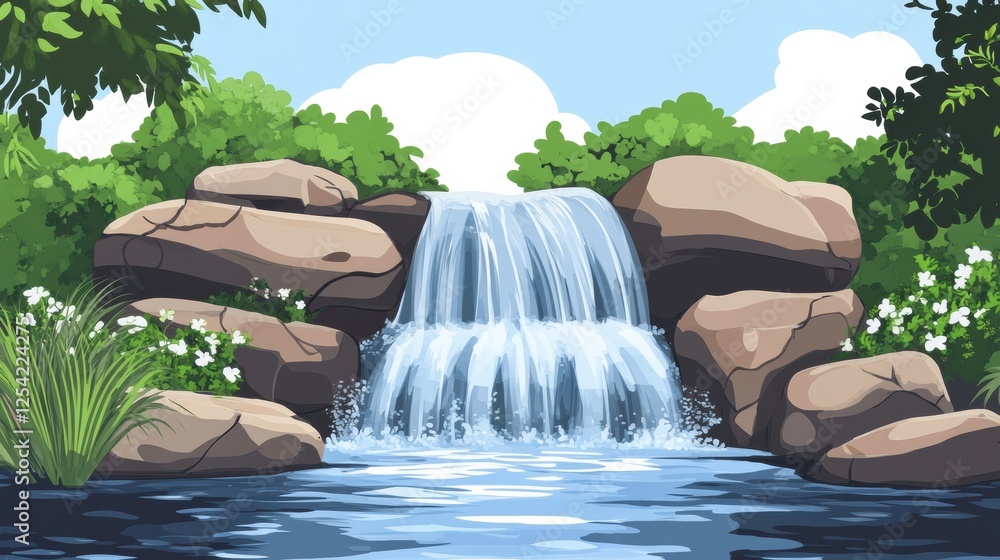 Aufkleber beautiful waterfall flows over rocks in a serene natural setting with greenery and flowers under a c
