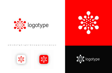 Abstract round radial logo with dots, molecular structures or viral cells. Represents innovation, bio and termal, research and technology. Ideal for biotech, medicine, science. Vector illustration