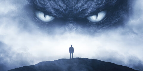 The silhouette of a man in front of the huge head of a terrifying monster. Concept of anxiety, nightmares, feelings of worthlessness, panic attack