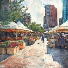 Fototapeta premium A dynamic image of the bustling activity at a Boston farmer's market