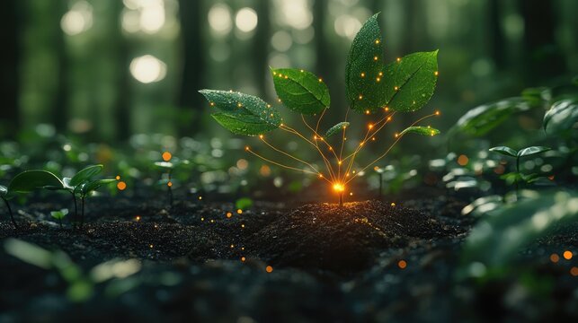 A glowing plant sprouting from rich soil, symbolizing growth and renewal in a forest setting.