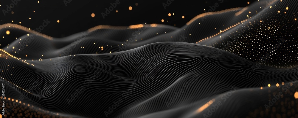 Poster Dark digital landscape; glowing particles flow; abstract background; website header