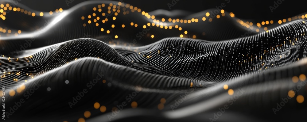 Poster Dark digital wave landscape with glowing particles; tech background