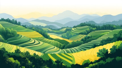 Naklejka premium Pixel Art Terraced Rice Paddies Landscape View