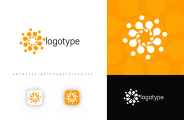 Abstract circular logo with organic dots, resembling molecular structures or solar energy bursts. Round geometric symbol for biotech, renewable energy, scientific research, data. Vector logo