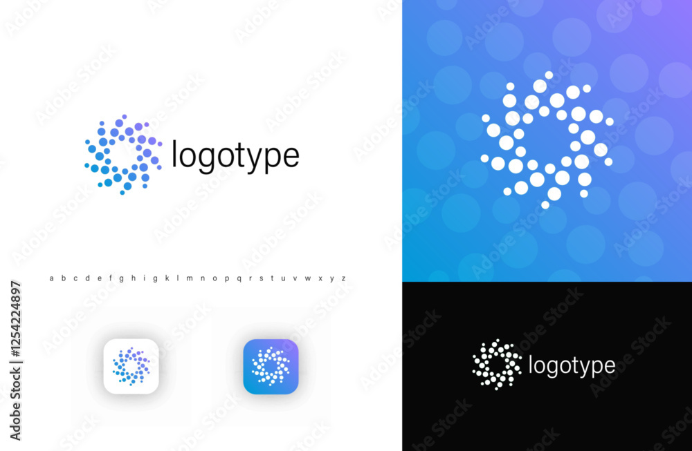Poster abstract circular vector logo with swirling dots, vortex logotype symbolizing digital connectivity, 