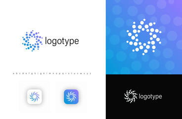 Abstract circular vector logo with swirling dots, vortex logotype symbolizing digital connectivity, data flow. Ideal for IT, AI, blockchain, cybersecurity, fintech, cloud service, air conditions tech