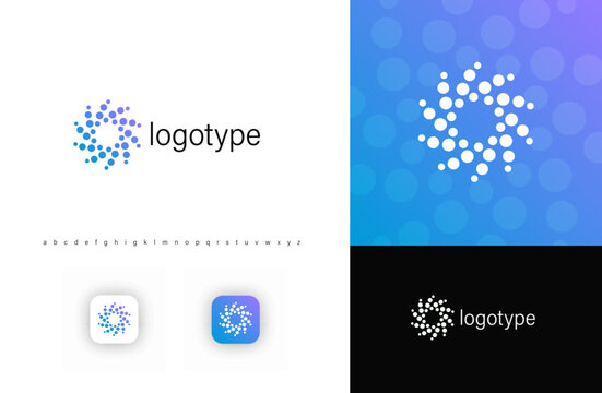 Abstract circular vector logo with swirling dots, vortex logotype symbolizing digital connectivity, data flow. Ideal for IT, AI, blockchain, cybersecurity, fintech, cloud service, air conditions tech