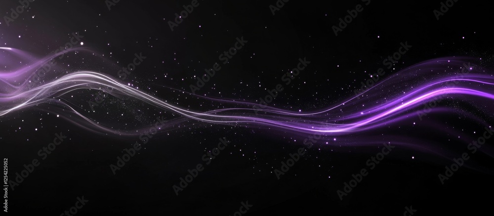Poster purple light wave flows across dark space; stardust background; website banner