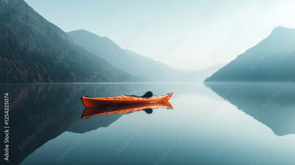 Poster lone kayak drifting on a serene mountain lake reflecting soft morning light. generative ai