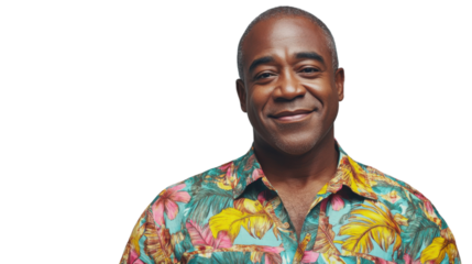 Smiling senior man wearing hawaiian shirt on transparent background