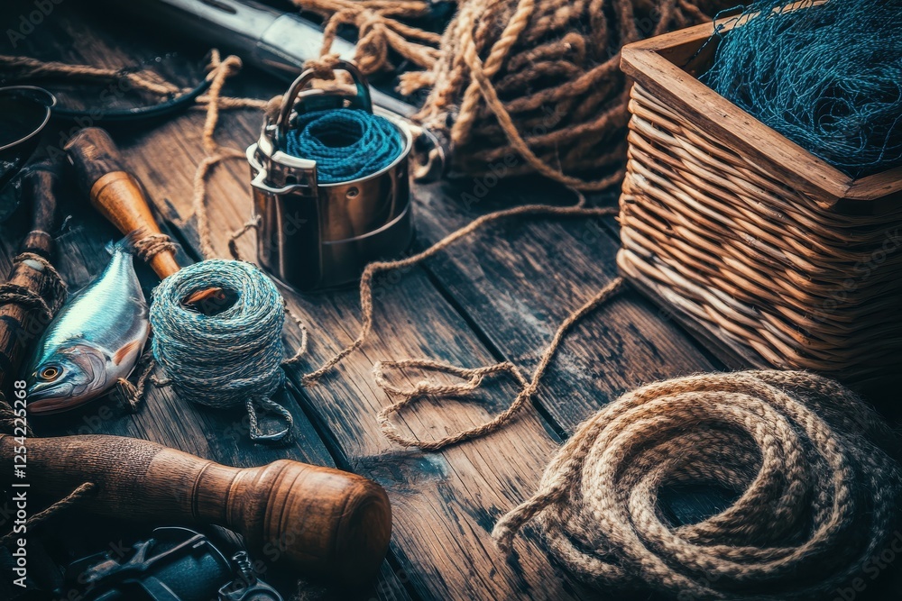 Poster close-up of various equipment on a wooden dock surrounded by soft light, featuring detailed textures