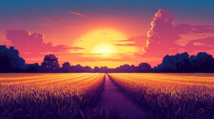 Fototapeta premium Pixel Art Sunset Over Wheat Field
