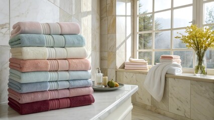 A set of realistic, plush terry towels in various colors, neatly folded on a shelf in a cozy, elegant bathroom.
