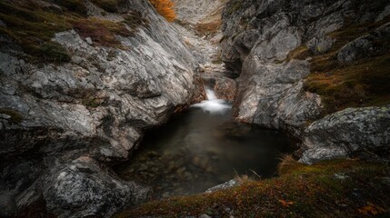 Mountain stream pool, autumn foliage, rocky gorge, tranquil scene, scenic view