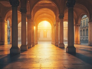 Fototapeta premium Golden Hour Serenity: A Walk Through the Historical Archway of Bologna, Italy, Bathed in Warm Light and Shadow, Revealing Timeless Architecture and Ancient Beauty.