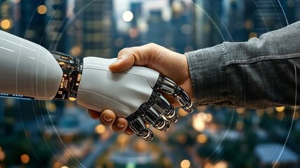 Futuristic City Human and Robot Handshake Symbolizing Technology and Collaboration