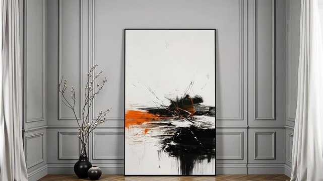 black framed vertical artwork resting on a wooden floor leaning on a grey plaster wall