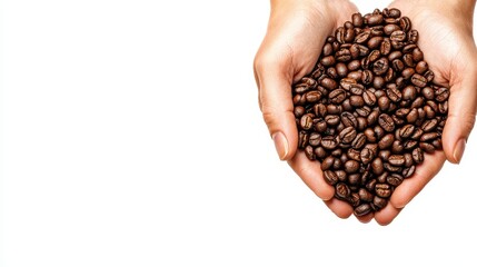 pair of hands offering coffee beans, detailed texture, warm earthy tones, gentle lighting, isolated on white background