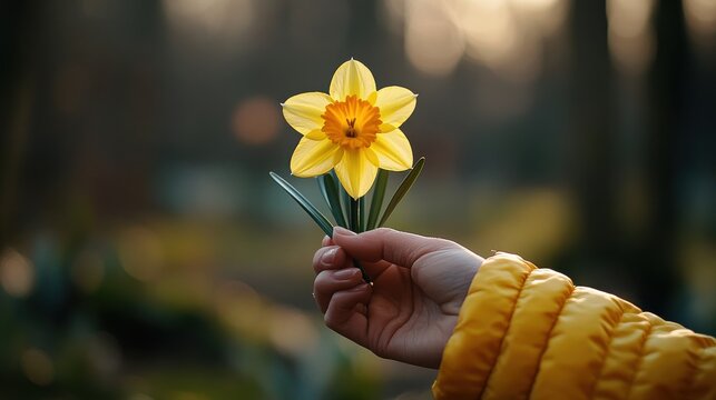 hand holding a fresh daffodil on St. David's Day, with a blurred Welsh countryside in the background - Powered by Adobe