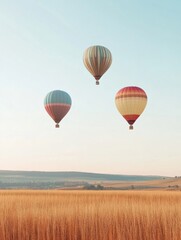 Fototapeta premium Hot air balloons gracefully rise above golden fields during a serene morning sky. Generative AI