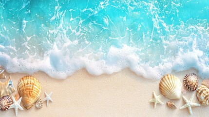 Seashore waves, shells, foam, sand, peaceful summer