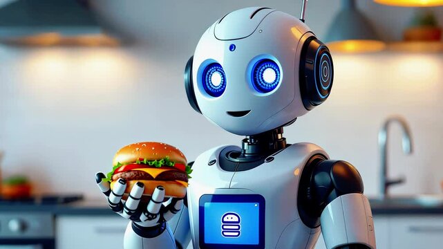 Friendly robot chef presenting a delicious burger in a modern kitchen with vibrant decor