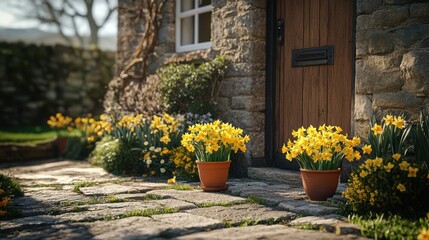 Welsh home decorated for St. David's Day, daffodils in pots by the door, natural bright daylight highlighting the stone texture of the house, cozy and festive mood