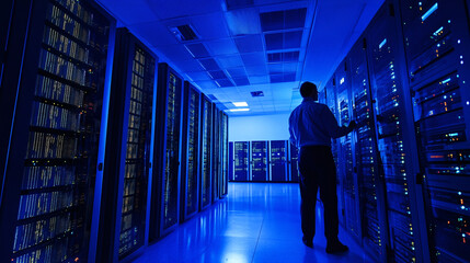 A technician in a modern data center inspecting illuminated server racks under cool blue lighting representing IT infrastructure and cloud computing
