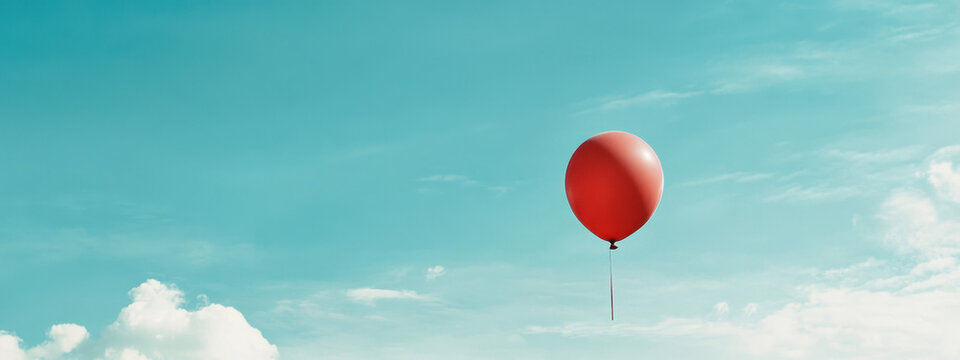 A lone red balloon floats against a vast blue sky, symbolizing freedom and simplicity, amidst fluffy white clouds. - Powered by Adobe