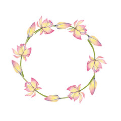 Floral Wreath Illustration with Pink Lotus Flowers, Watercolor Illustration for Printing on Cards, Flyers, Leaflets, Posters, Fabric, Textiles and Social Media Post Design