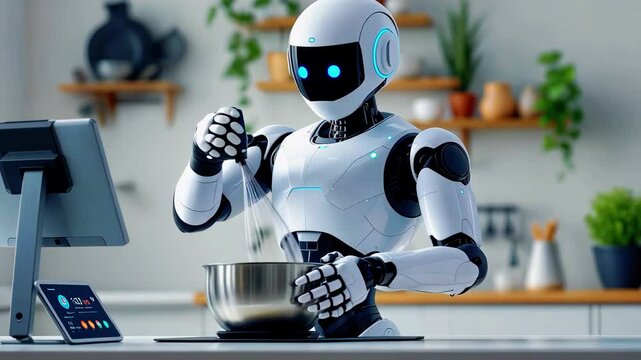 A futuristic robot chef skillfully mixing ingredients in a modern kitchen with plants and utensils